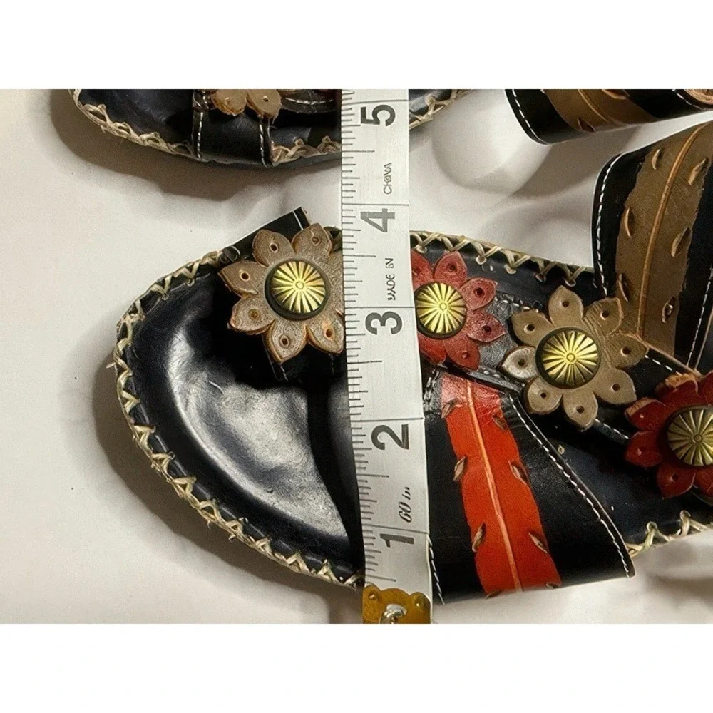 L'Artiste by Spring Step Leather Flower Sandals Women's 39 US 8.5 Black Red Boho